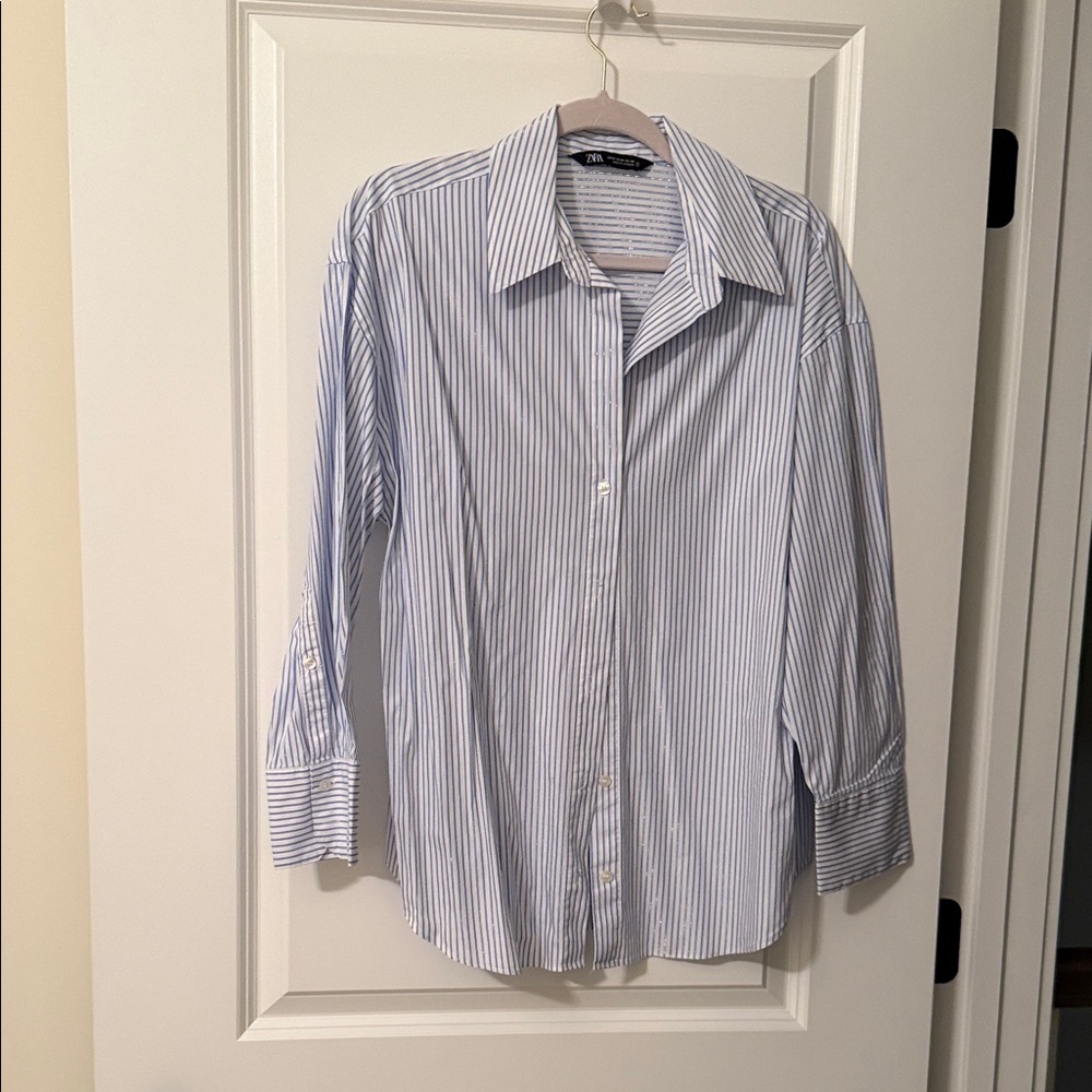 Zara Women's Blue/Silver and White Striped Button Down Shirt